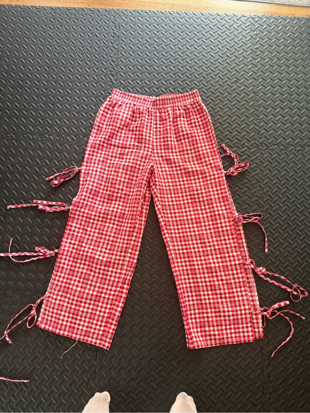 Vintage Red Gingham Straight-Leg Tie-Side Pants